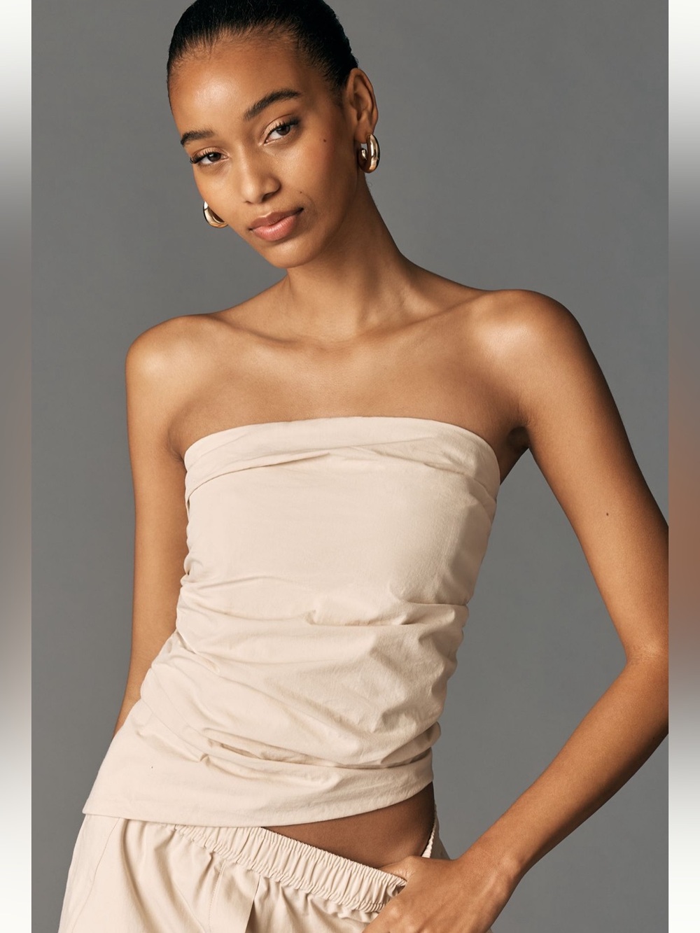 Anthropologie Y2K Minimalist Beige Strapless Ruched Asymmetrical Top Large